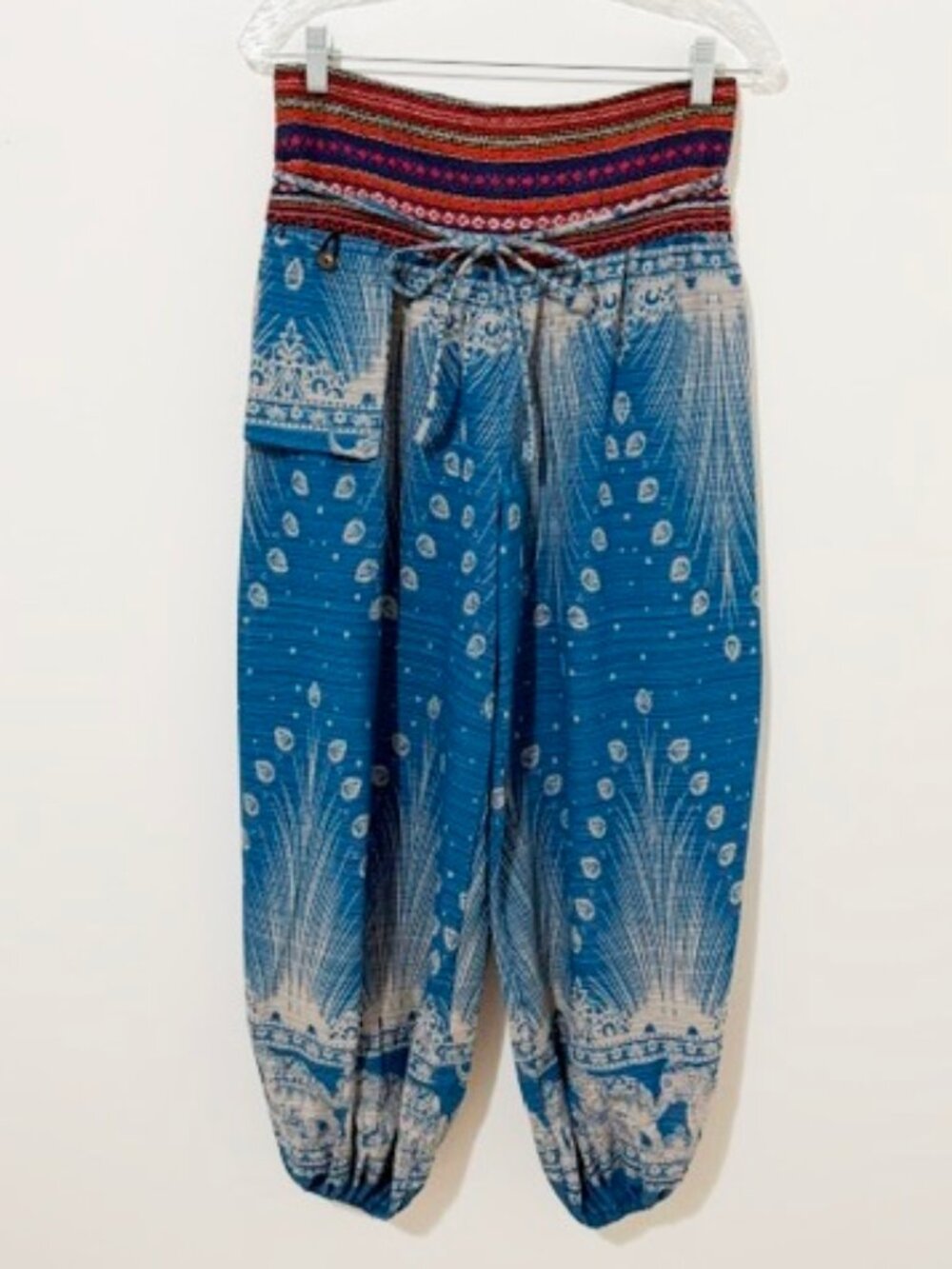 Blue Boho Harem Hippie Pants Peacock Elephant Print Yoga Festival